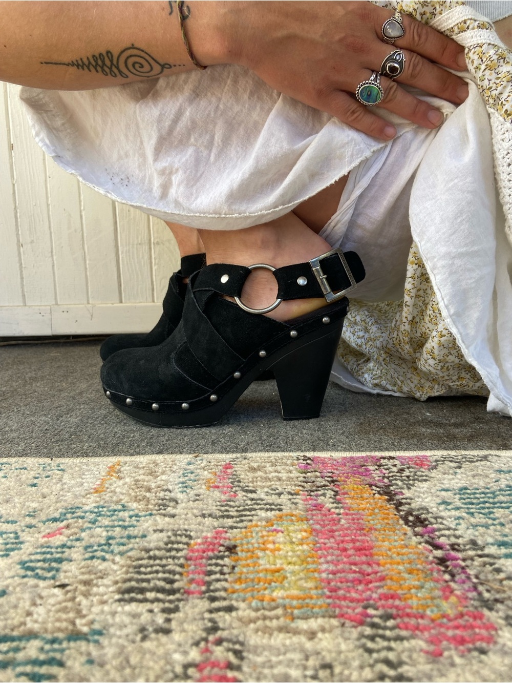 Black Suede Harness Platform Clog Heels